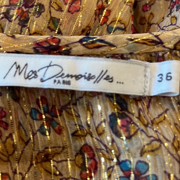 Mes Demoiselles Ambroisie Gold Lurex Floral Print Ruffled Hem Minidress Size 4 - Picture 10 of 14